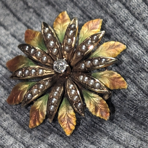 Antique Edwardian 14K Gold Enamel Diamond Seed Pearl Flower Pendant Brooch 1" - Picture 6 of 11